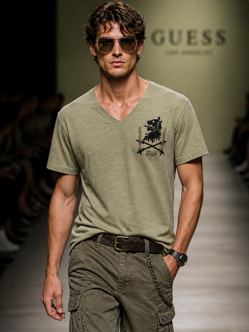 GUESS Olive Green Short Sleeve V-Neck with Embroidered Crest